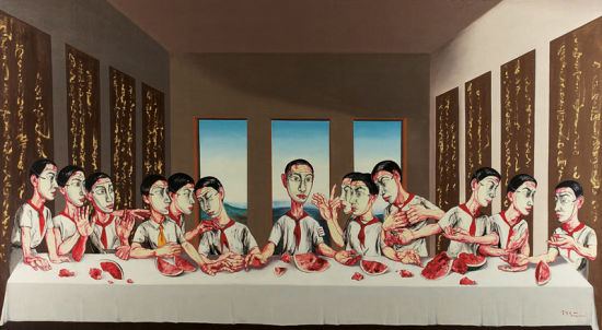 曾梵志（1964年生）之大尺幅作品《最后的晚餐》，2001年作，油彩畫布，220 x 400公分